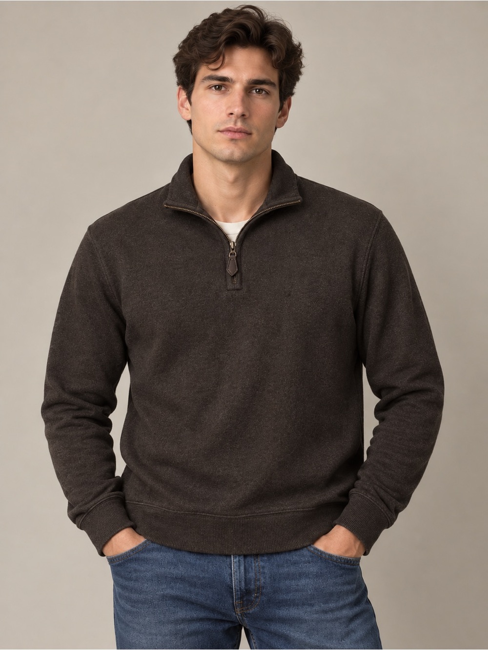 Brooks Brothers Men’s L 100% Cotton Quarter Zip Sweater Dark Brown Charcoal